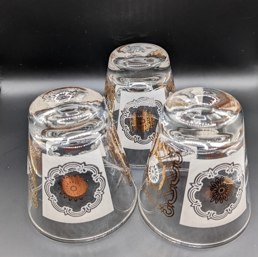 MCM White and Gold Shot or Sherry Glasses Sunburst Design, Set of 3